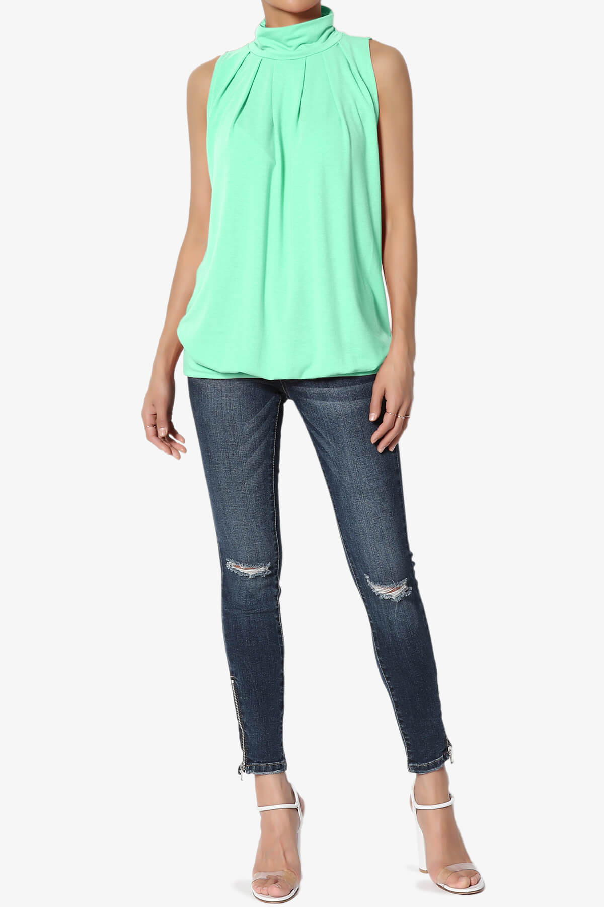 Jibbitz Sleeveless Mock Neck Pleated Top GREEN MINT_6