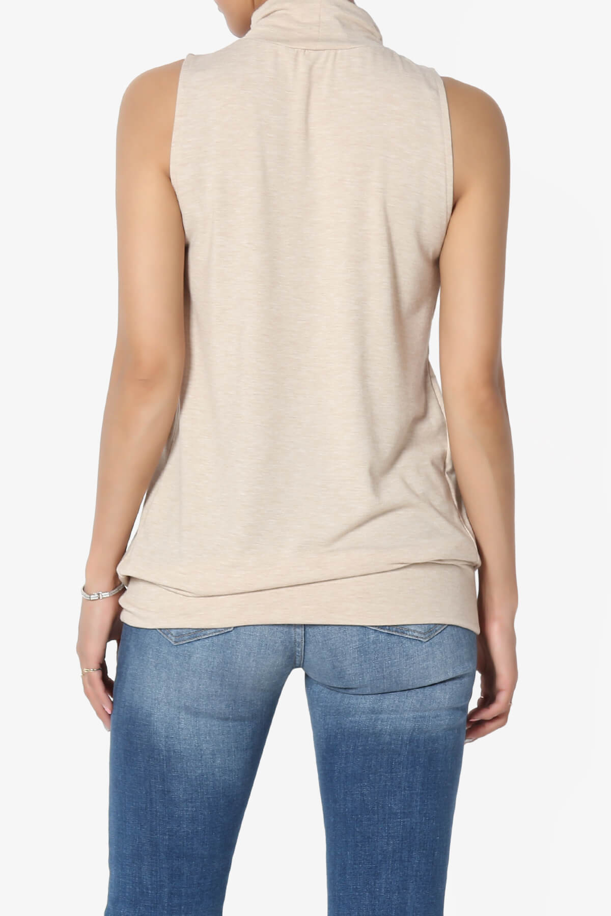 Jibbitz Sleeveless Mock Neck Pleated Top HEATHER BEIGE_2