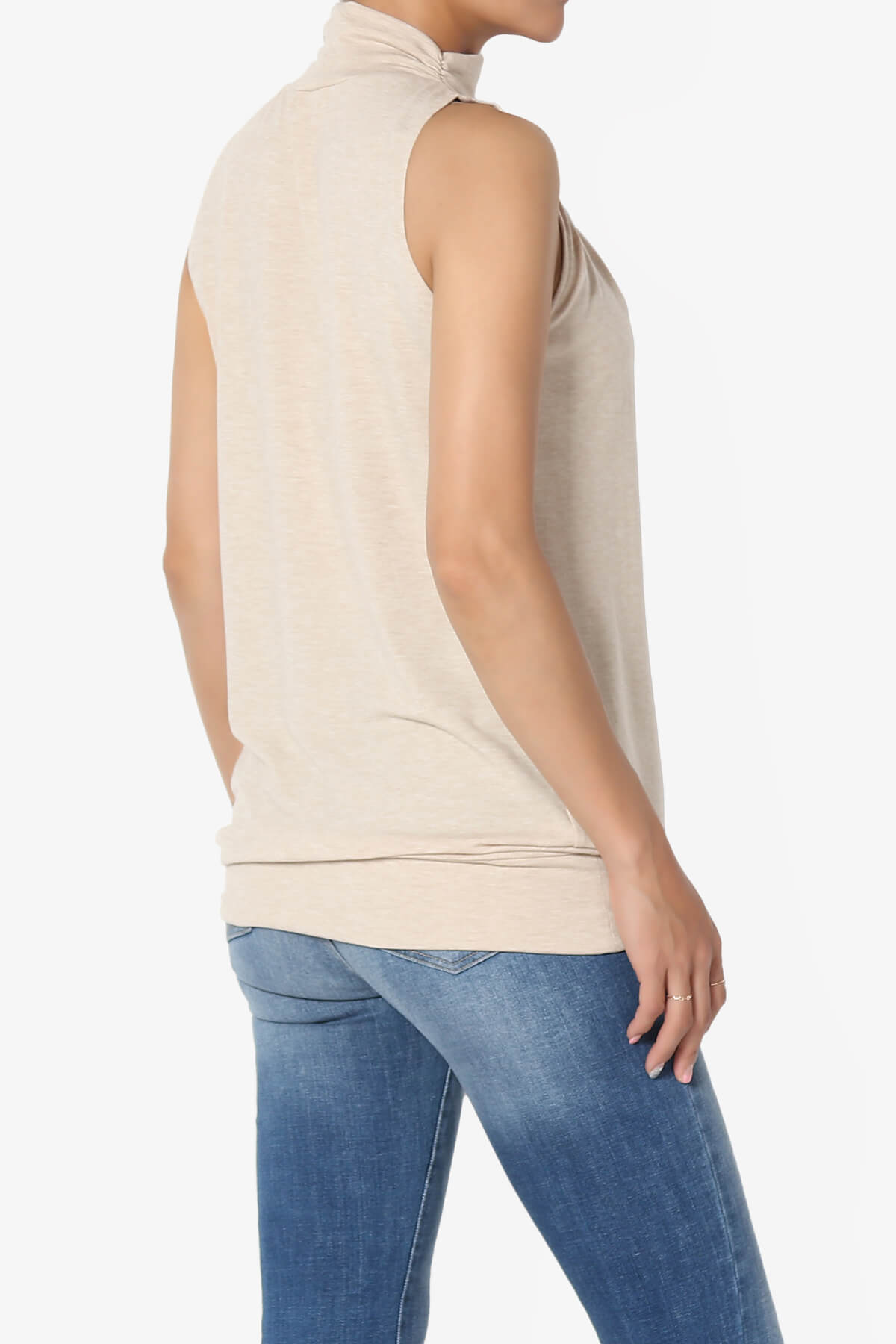 Jibbitz Sleeveless Mock Neck Pleated Top HEATHER BEIGE_4