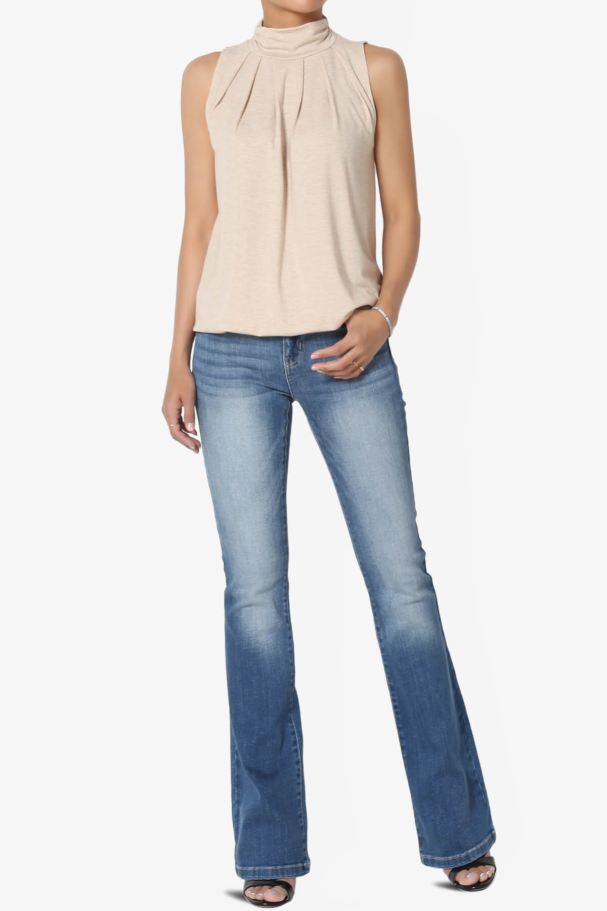 Jibbitz Sleeveless Mock Neck Pleated Top HEATHER BEIGE_6