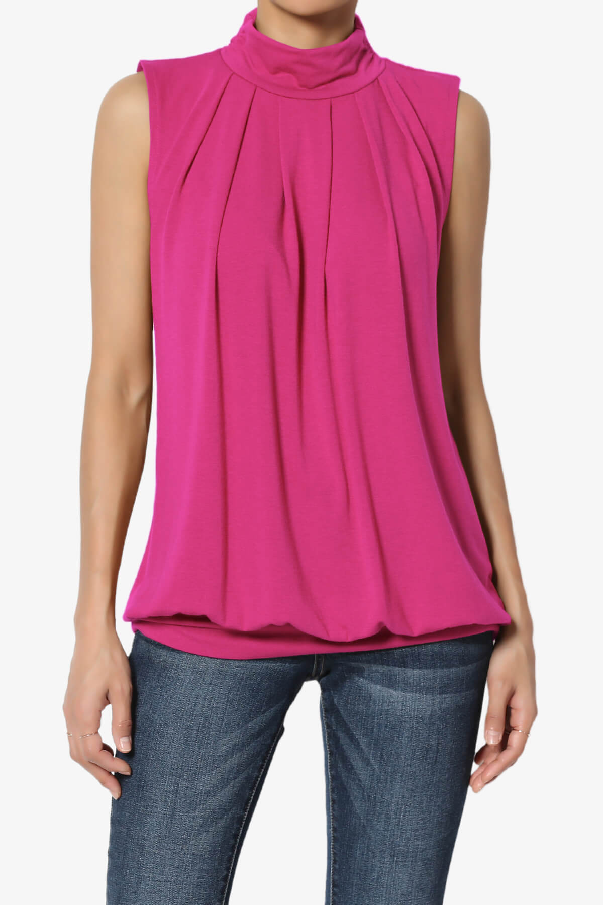 Jibbitz Sleeveless Mock Neck Pleated Top HOT PINK_1