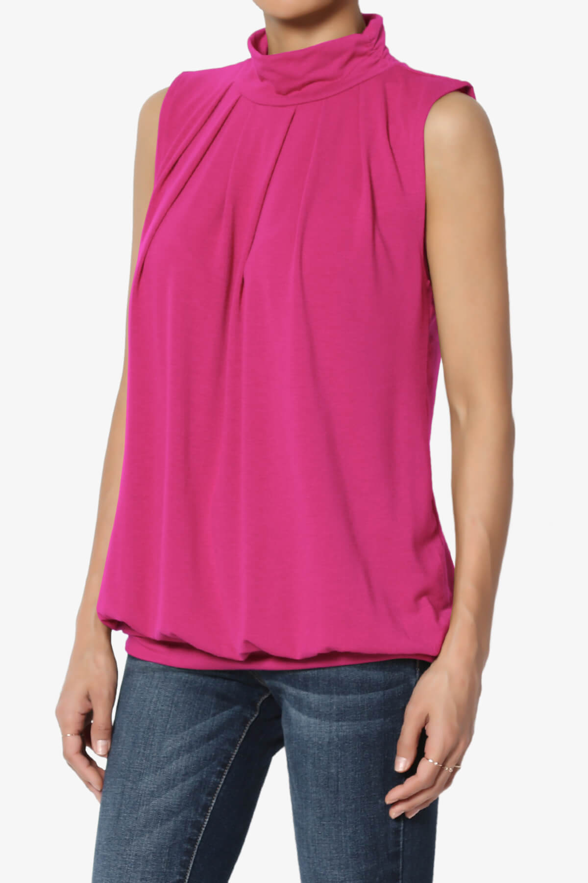 Jibbitz Sleeveless Mock Neck Pleated Top HOT PINK_3