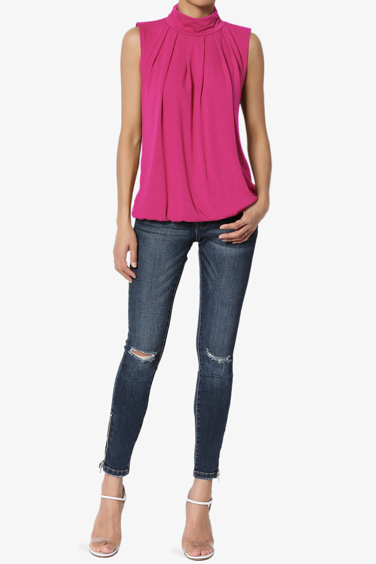 Jibbitz Sleeveless Mock Neck Pleated Top HOT PINK_6