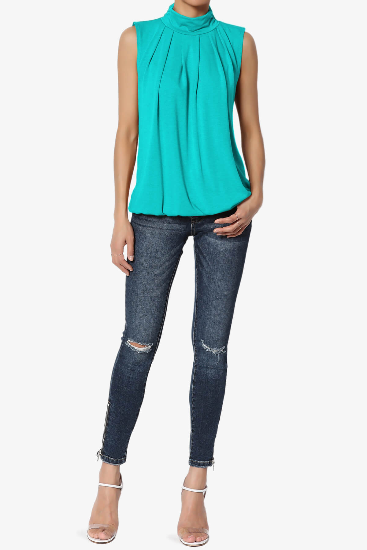 Jibbitz Sleeveless Mock Neck Pleated Top ICE BLUE_6