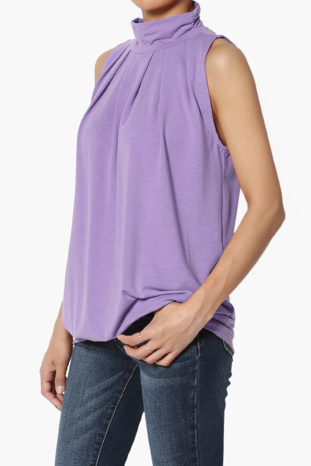 Jibbitz Sleeveless Mock Neck Pleated Top LAVENDER_3