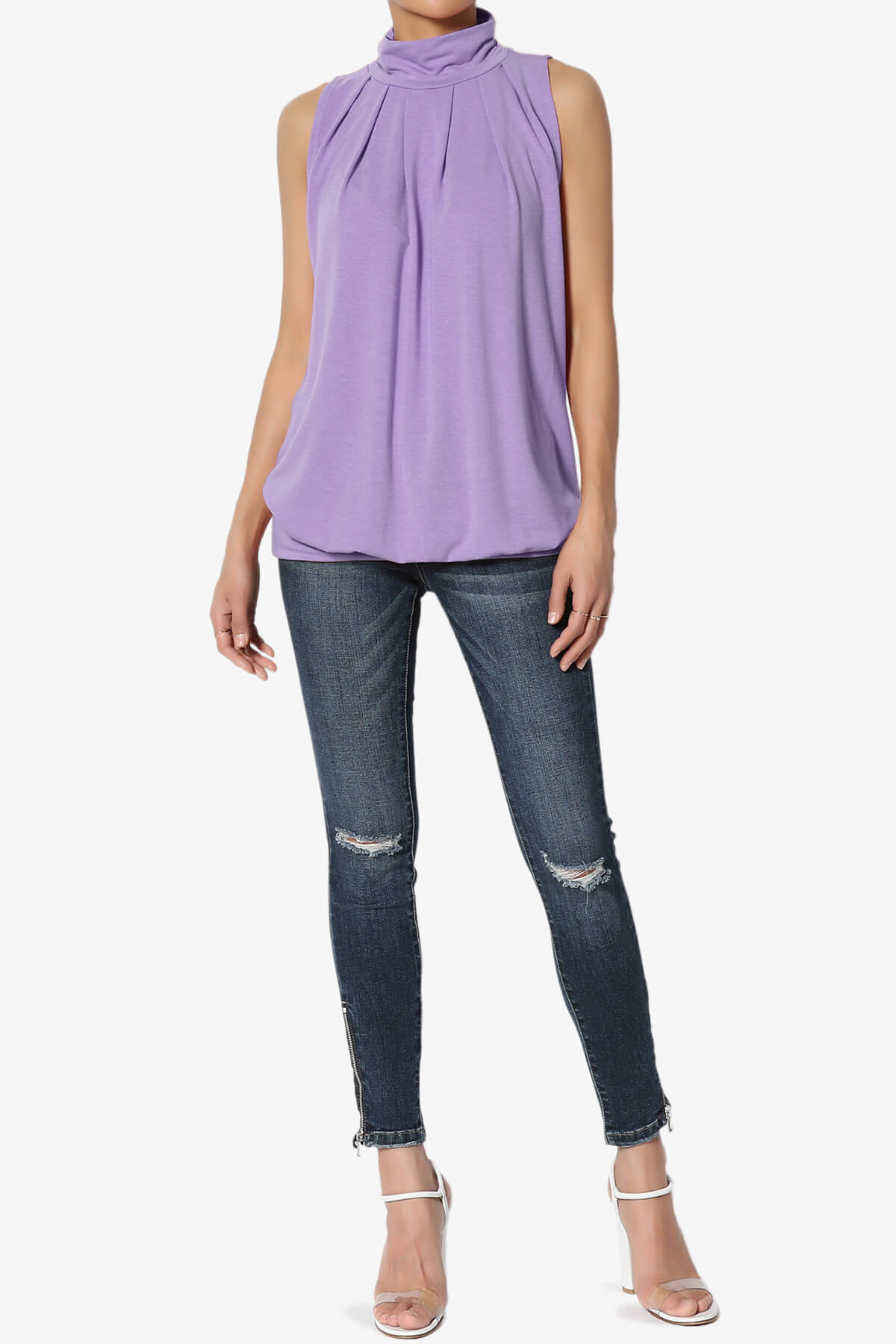 Jibbitz Sleeveless Mock Neck Pleated Top LAVENDER_6