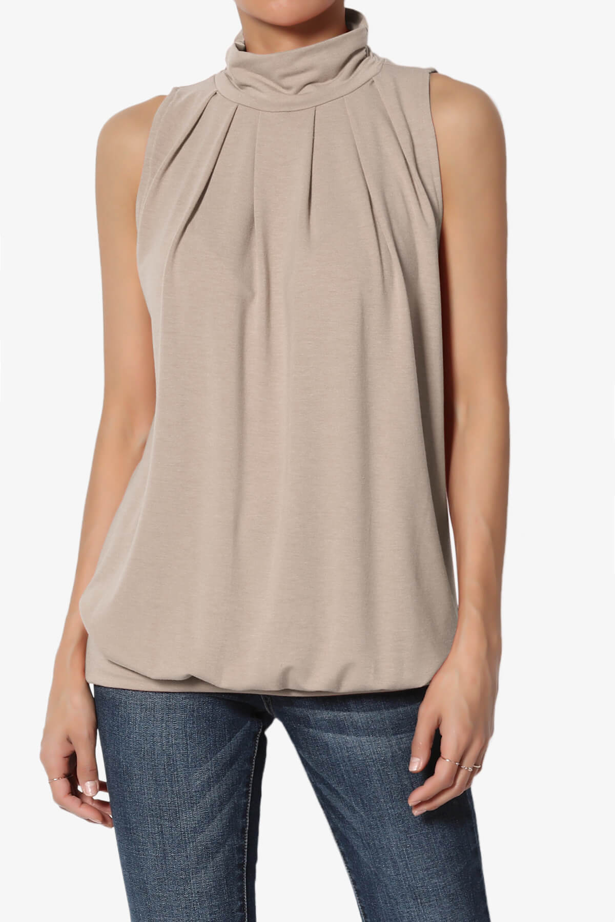 Jibbitz Sleeveless Mock Neck Pleated Top LIGHT MOCHA_1