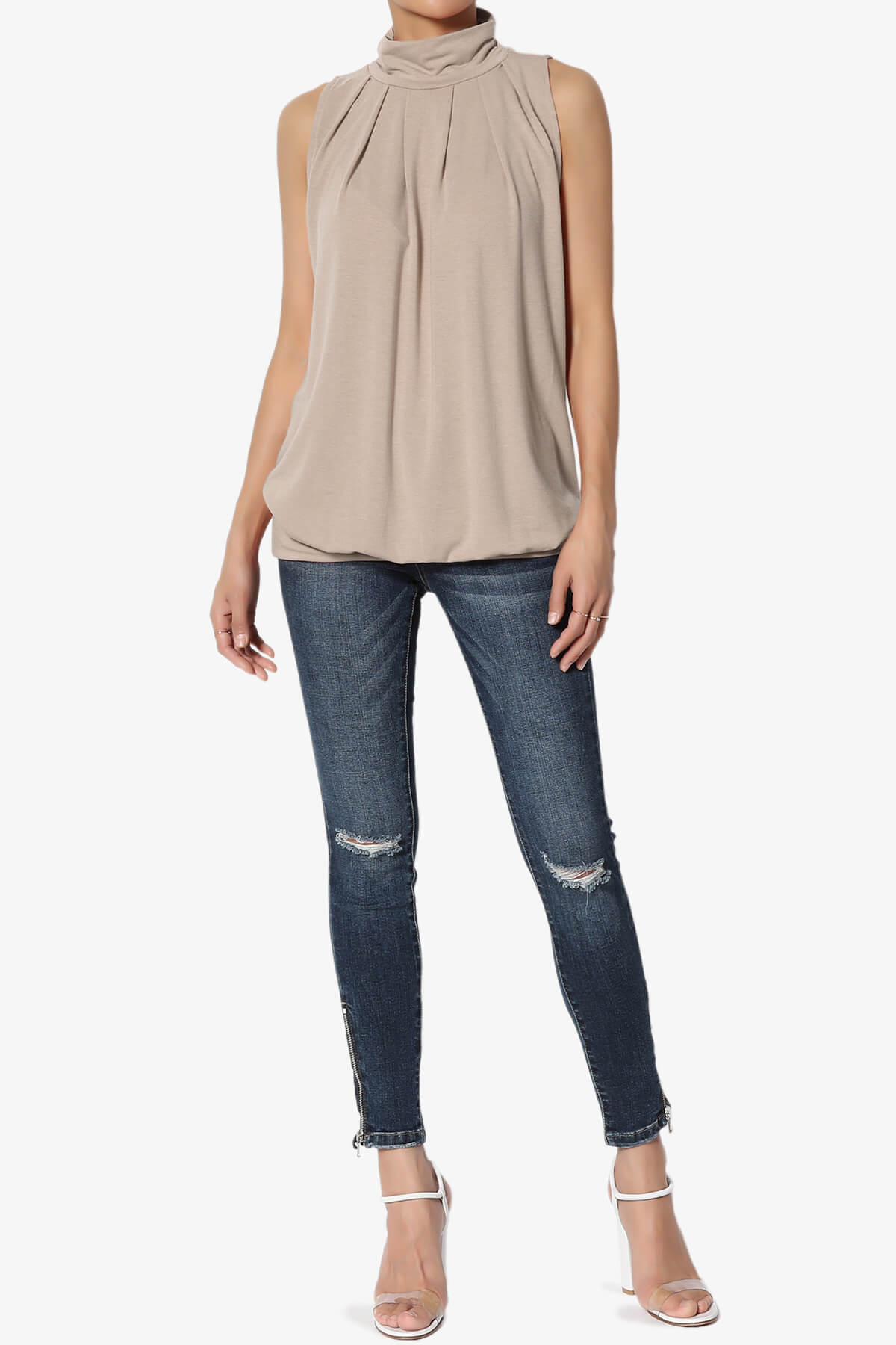 Jibbitz Sleeveless Mock Neck Pleated Top LIGHT MOCHA_6