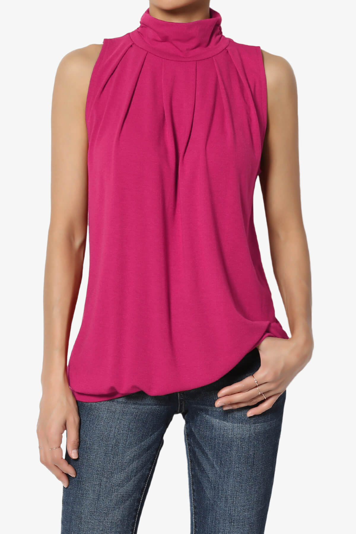 Jibbitz Sleeveless Mock Neck Pleated Top MAGENTA_1