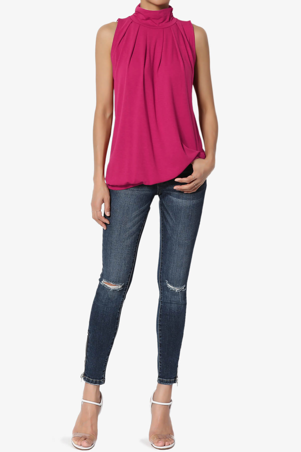 Jibbitz Sleeveless Mock Neck Pleated Top MAGENTA_6