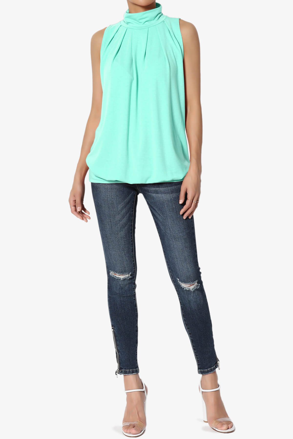 Jibbitz Sleeveless Mock Neck Pleated Top MINT_6