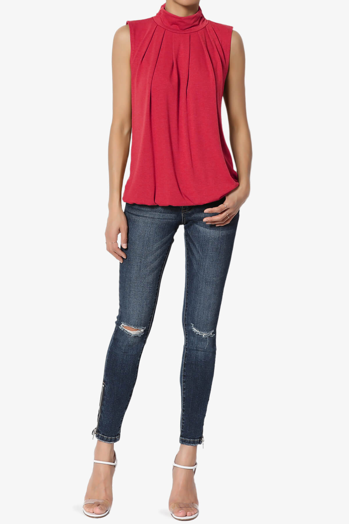 Jibbitz Sleeveless Mock Neck Pleated Top RED_6