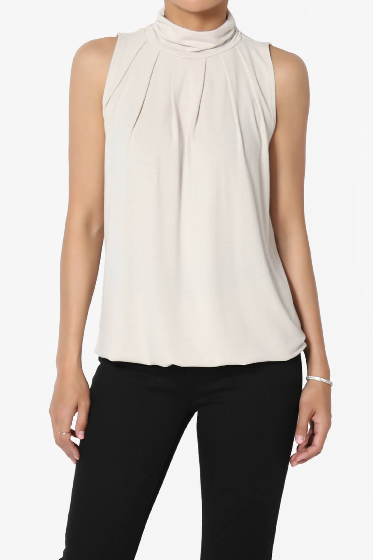 Jibbitz Sleeveless Mock Neck Pleated Top SAND BEIGE_1