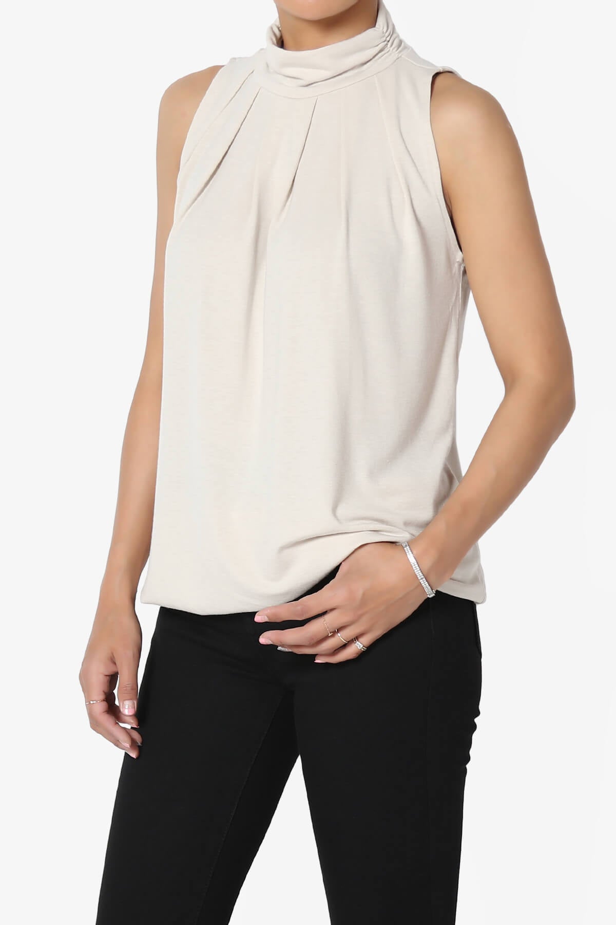 Jibbitz Sleeveless Mock Neck Pleated Top SAND BEIGE_3