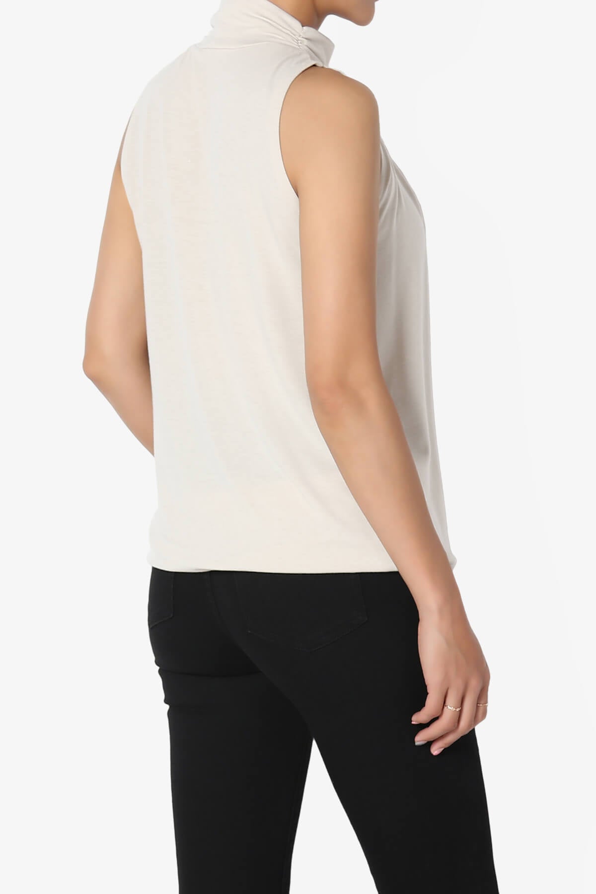 Jibbitz Sleeveless Mock Neck Pleated Top SAND BEIGE_4