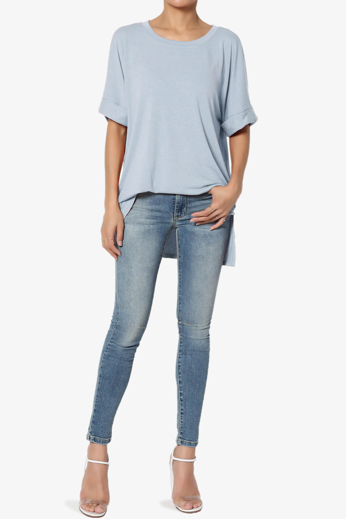 Onella Round Neck Rolled Short Sleeve Top ASH BLUE_6