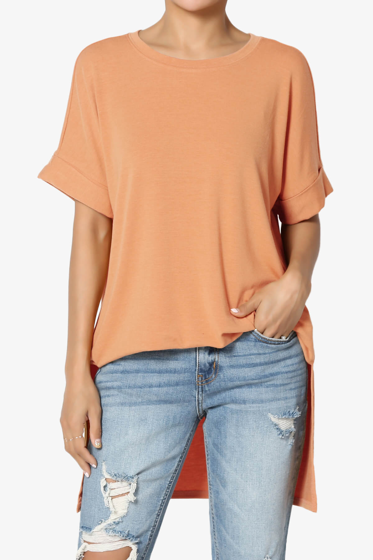Onella Round Neck Rolled Short Sleeve Top BUTTER ORANGE_1