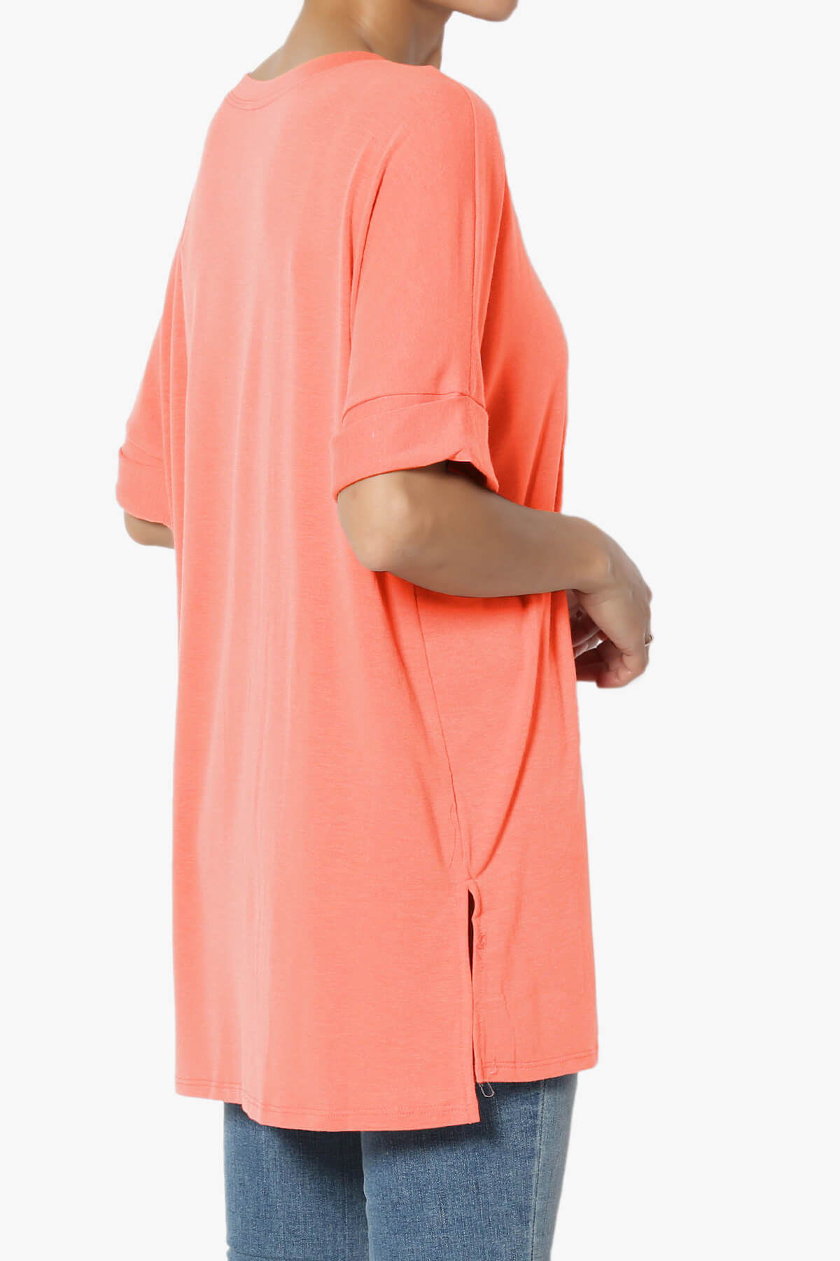 Onella Round Neck Rolled Short Sleeve Top CORAL_4