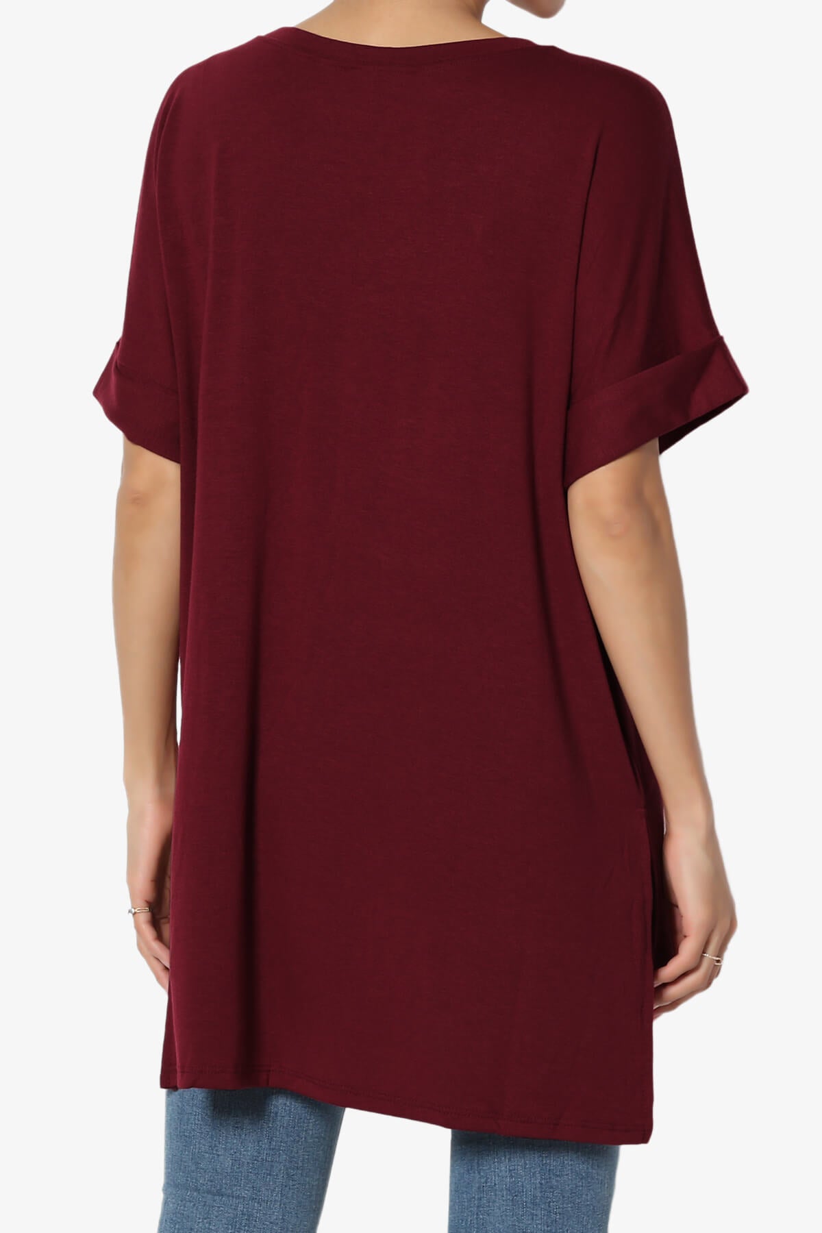 Onella Round Neck Rolled Short Sleeve Top DARK BURGUNDY_2
