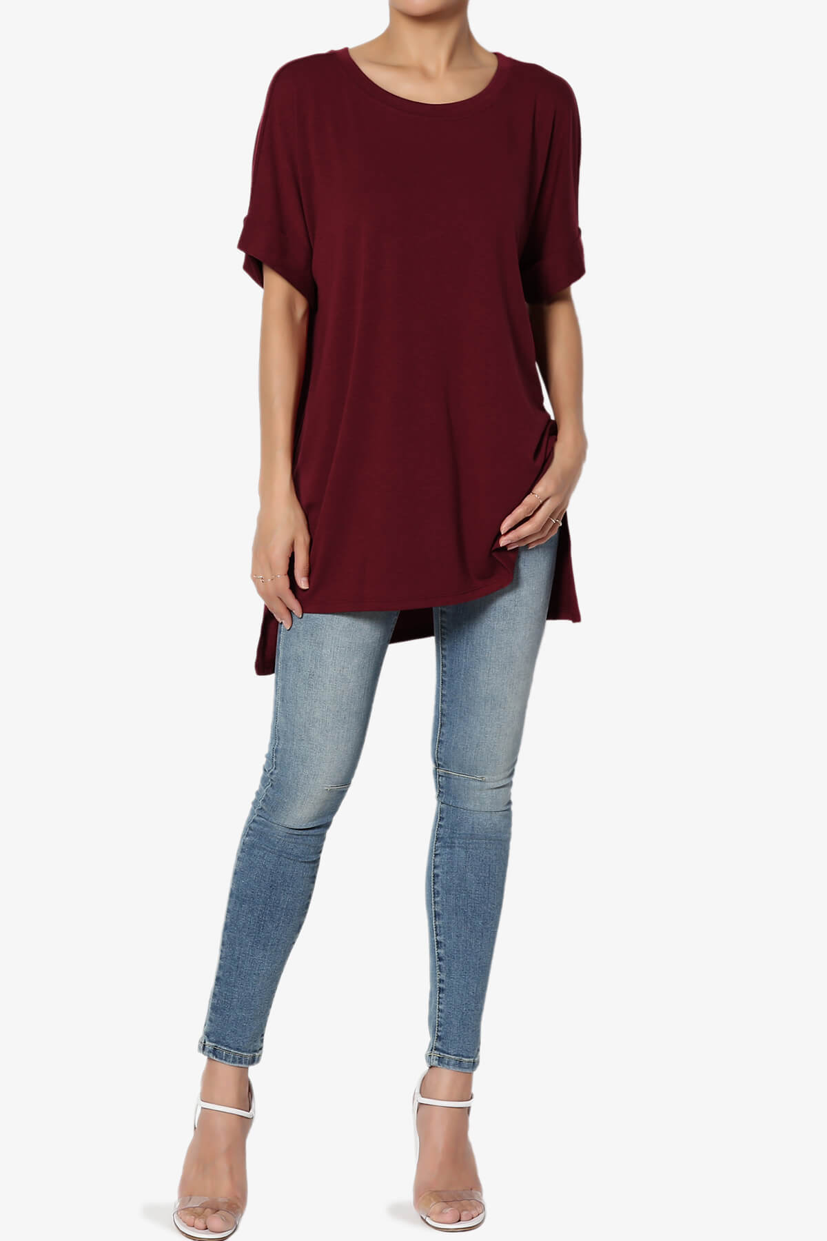 Onella Round Neck Rolled Short Sleeve Top DARK BURGUNDY_6