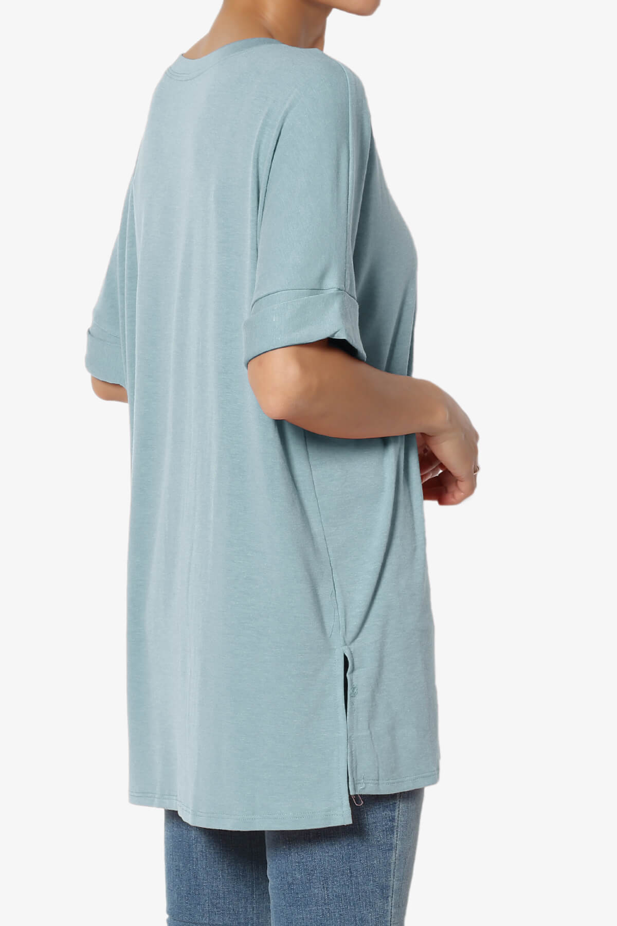 Onella Round Neck Rolled Short Sleeve Top DUSTY BLUE_4