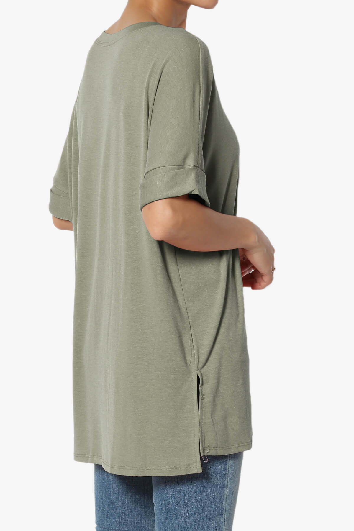 Onella Round Neck Rolled Short Sleeve Top DUSTY OLIVE_4