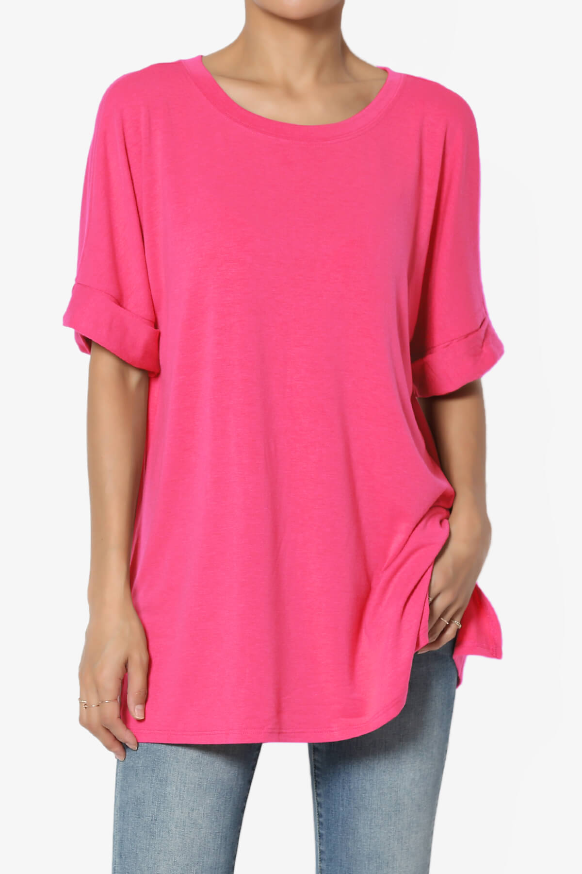 Onella Round Neck Rolled Short Sleeve Top FUCHSIA_1