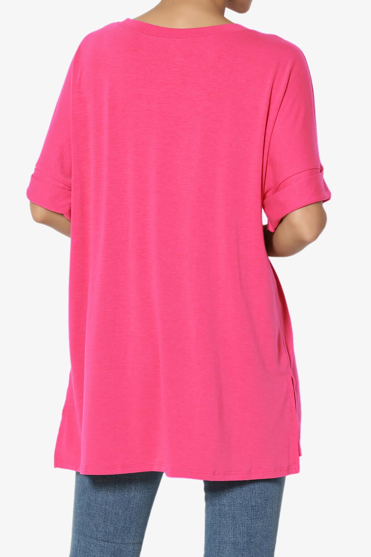 Onella Round Neck Rolled Short Sleeve Top FUCHSIA_2