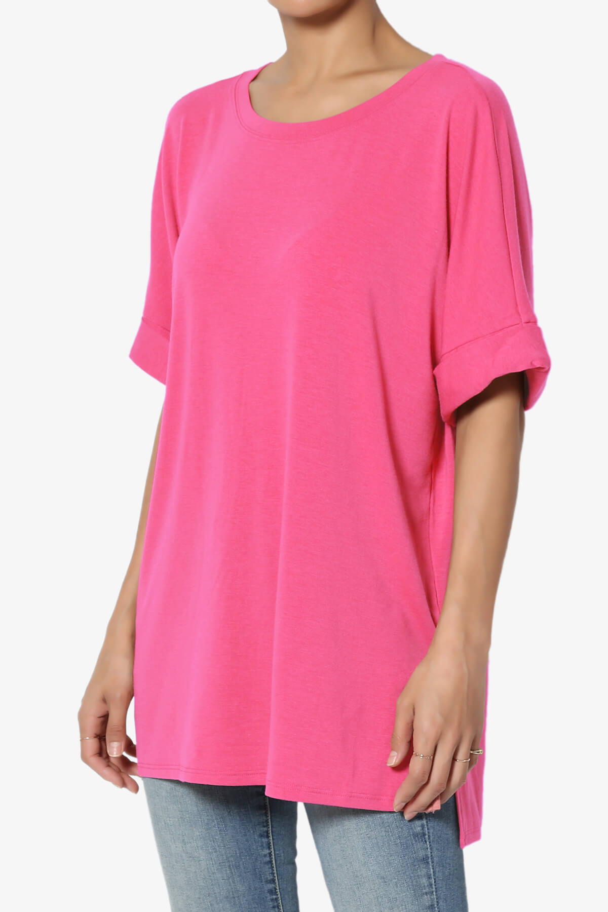 Onella Round Neck Rolled Short Sleeve Top FUCHSIA_3