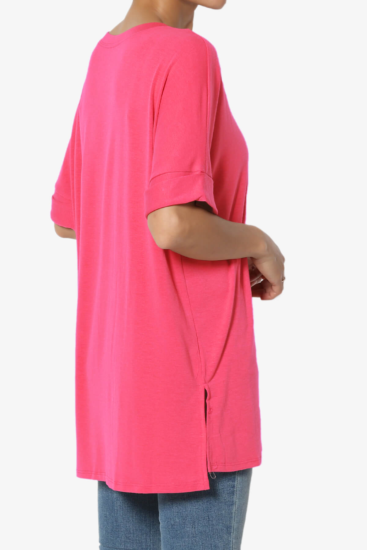 Onella Round Neck Rolled Short Sleeve Top FUCHSIA_4