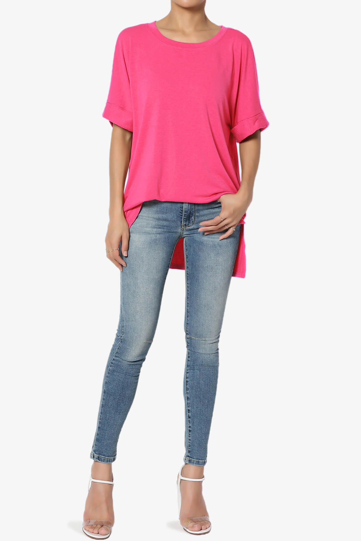Onella Round Neck Rolled Short Sleeve Top FUCHSIA_6