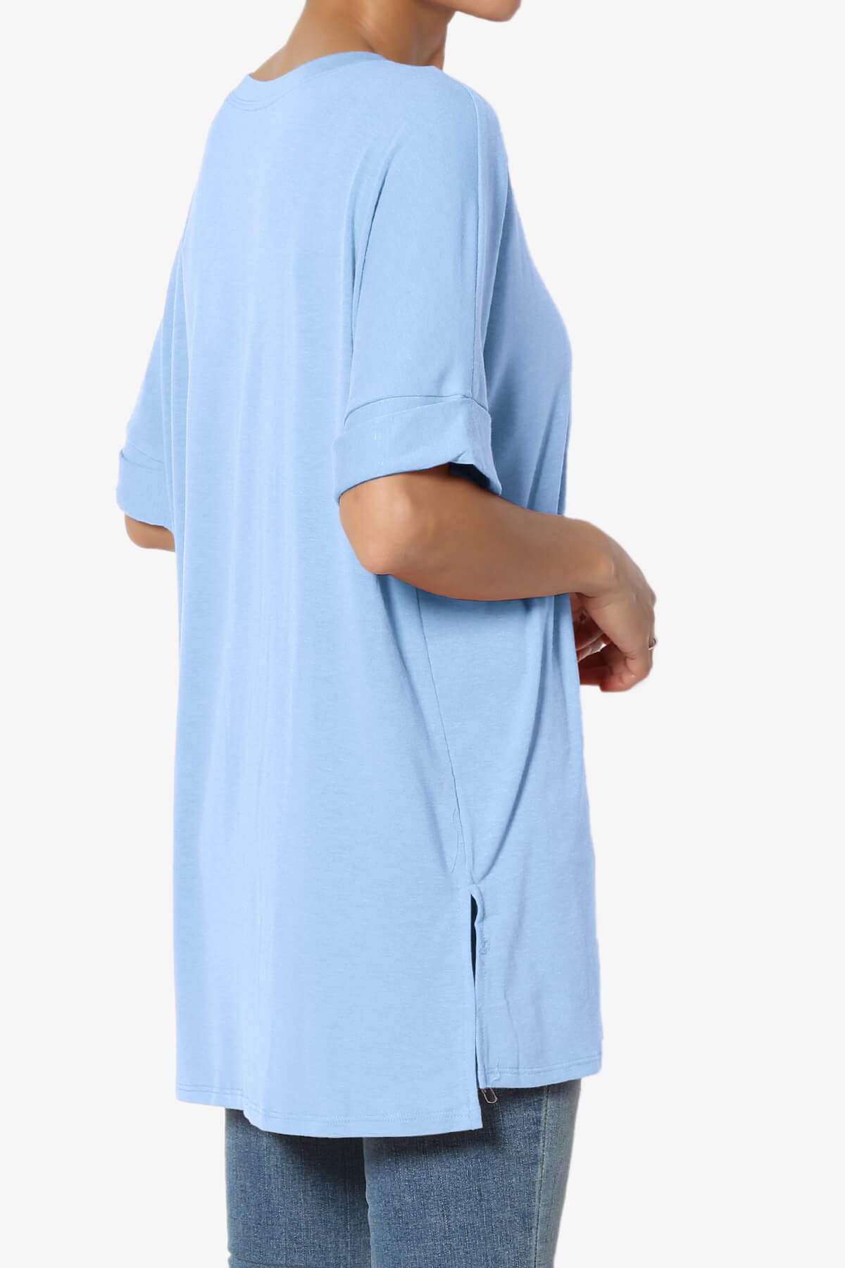 Onella Round Neck Rolled Short Sleeve Top LIGHT BLUE_4