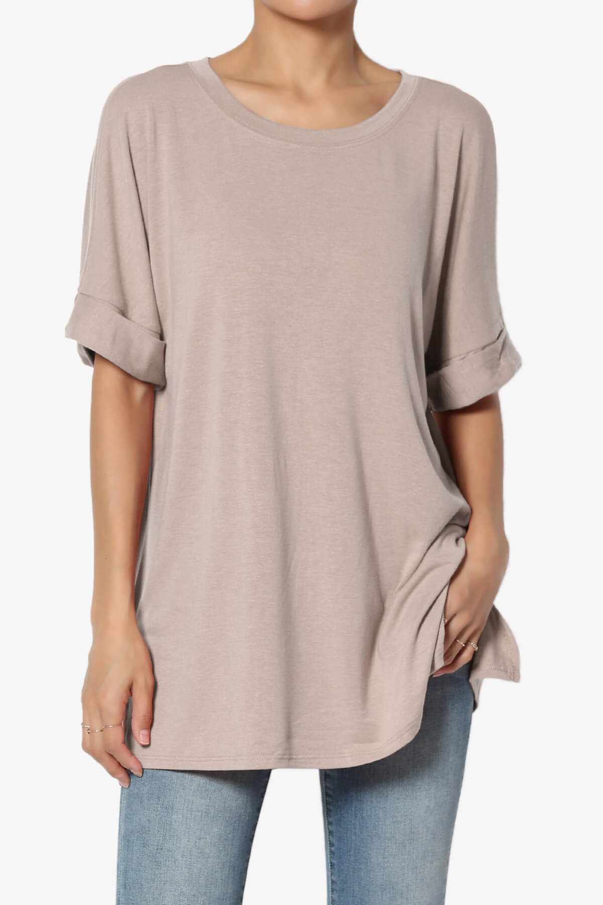 Onella Round Neck Rolled Short Sleeve Top LIGHT MOCHA_1
