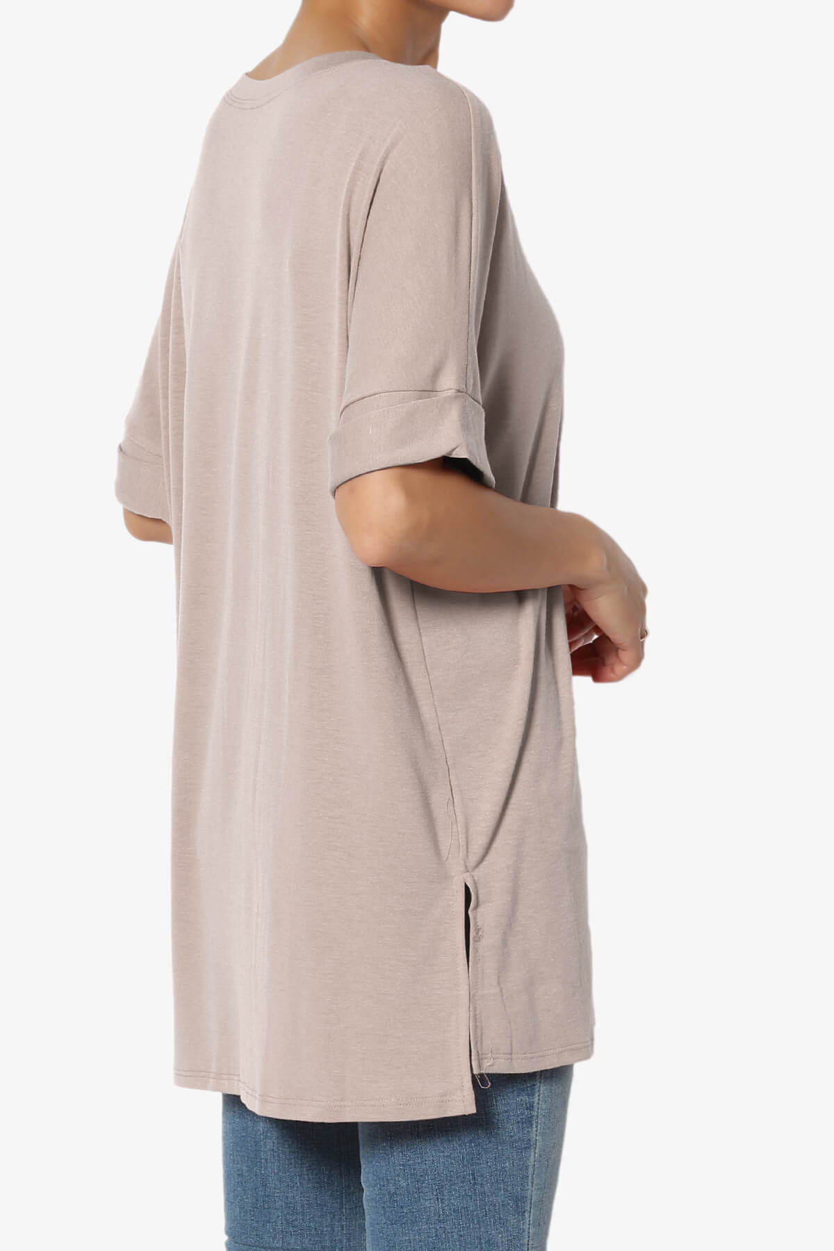 Onella Round Neck Rolled Short Sleeve Top LIGHT MOCHA_4