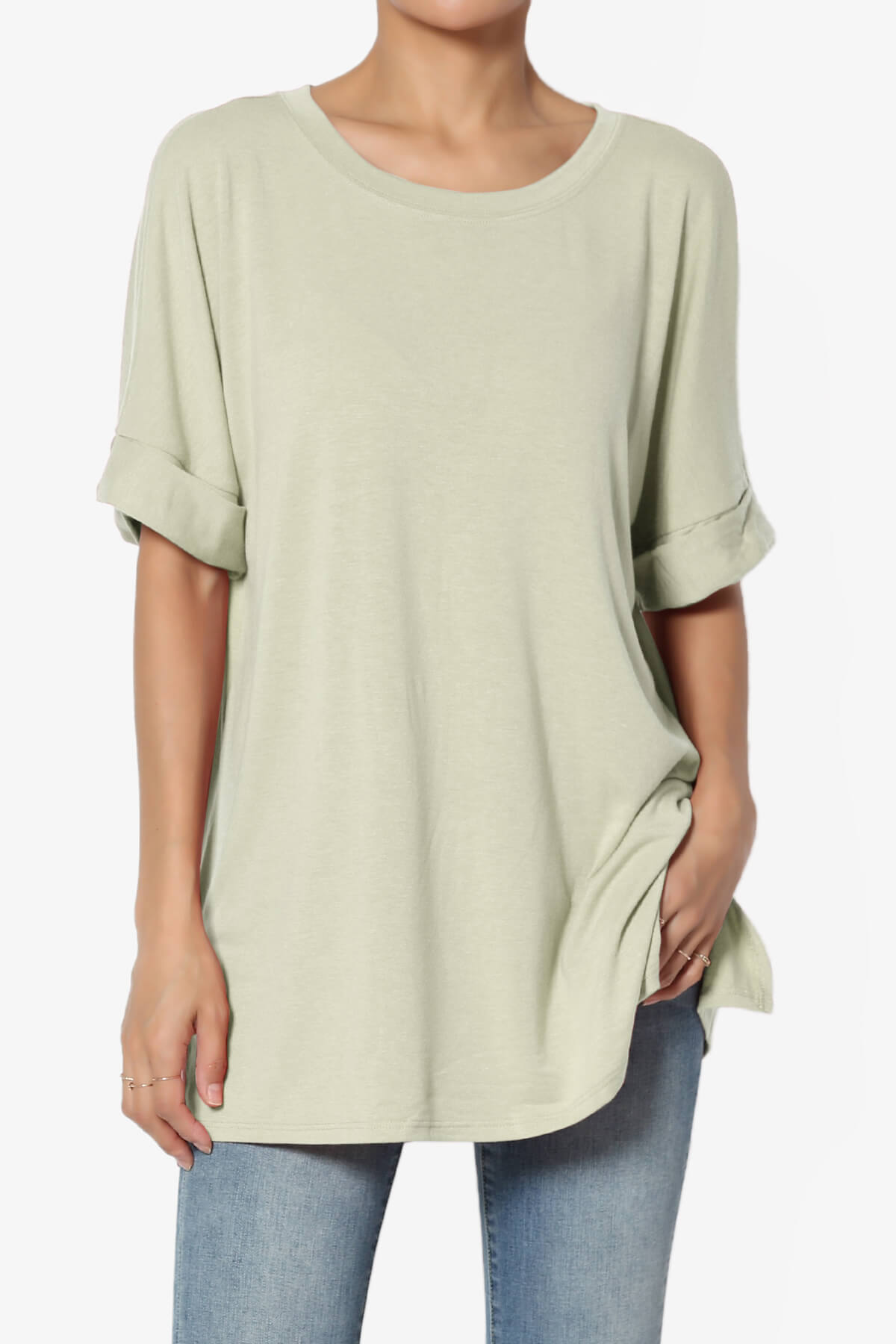 Onella Round Neck Rolled Short Sleeve Top LIGHT SAGE_1