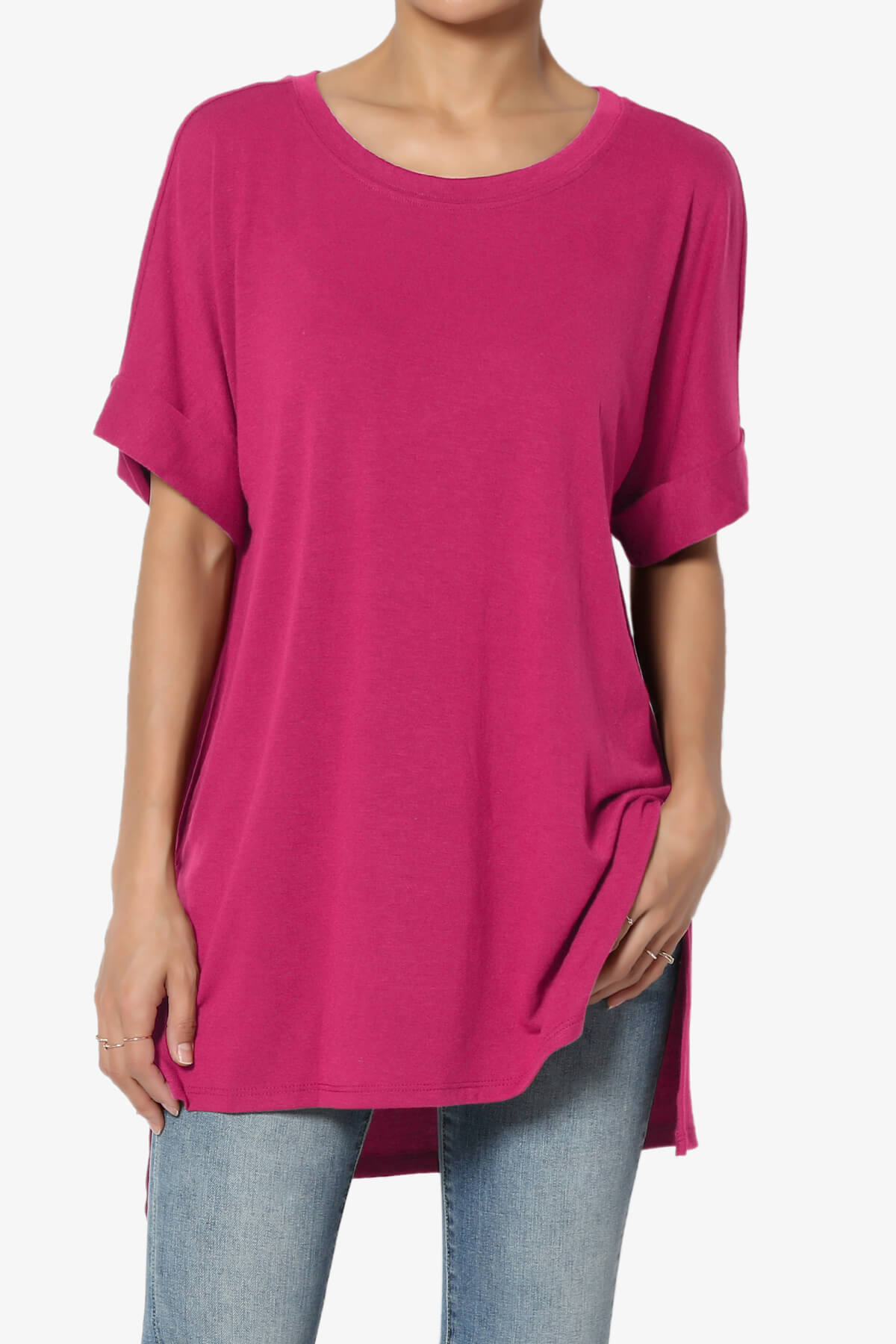 Onella Round Neck Rolled Short Sleeve Top MAGENTA_1
