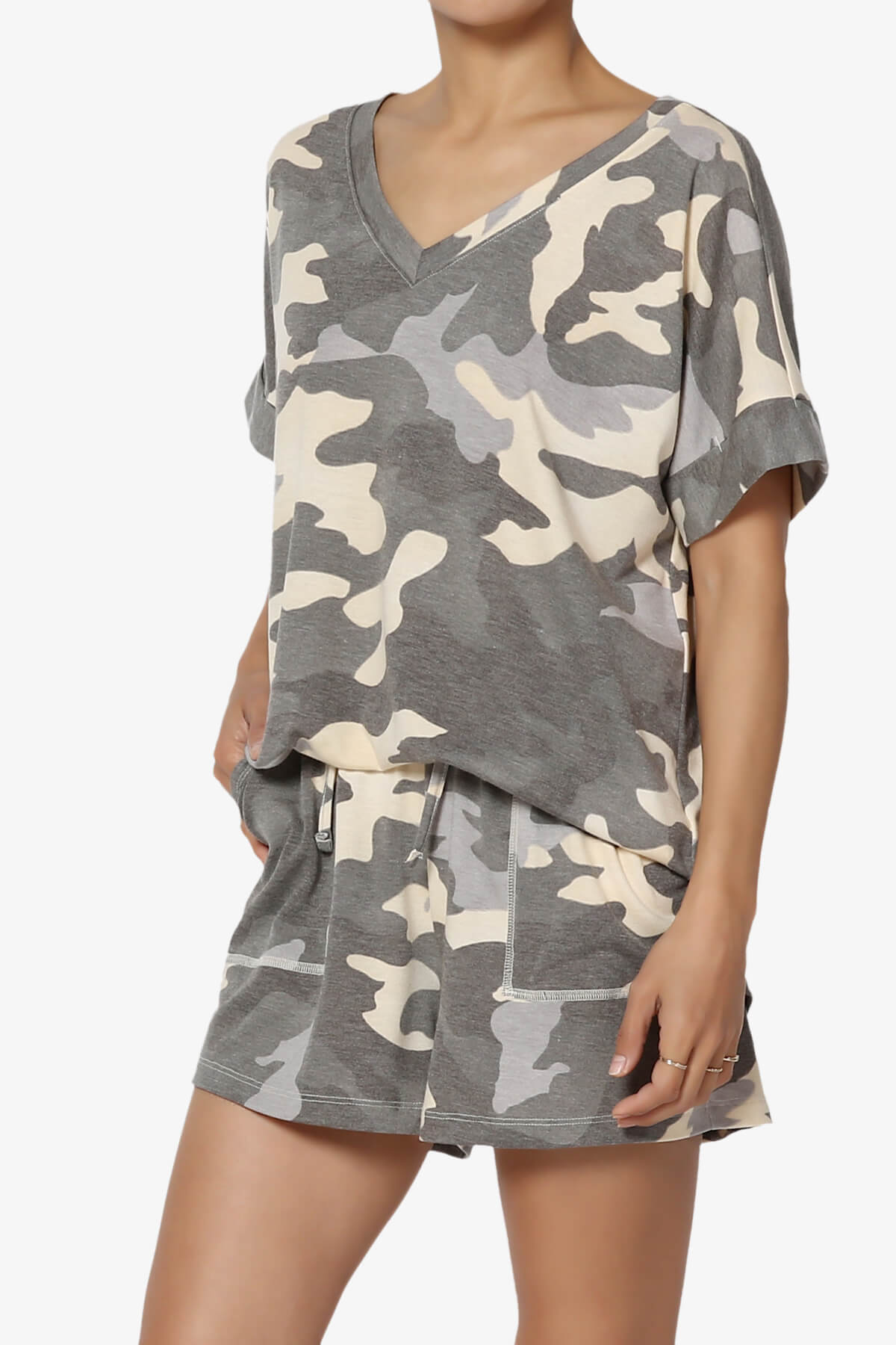 Jace Camouflage V-Neck Top & Shorts Set GREY_3