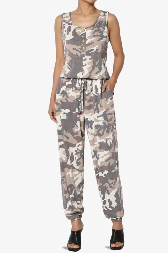 Lavanya Camo Button Scoop Neck Tank Jogger Jumpsuit