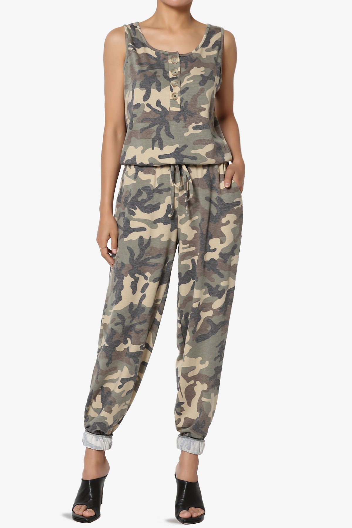 Lavanya Camo Button Scoop Neck Tank Jogger Jumpsuit