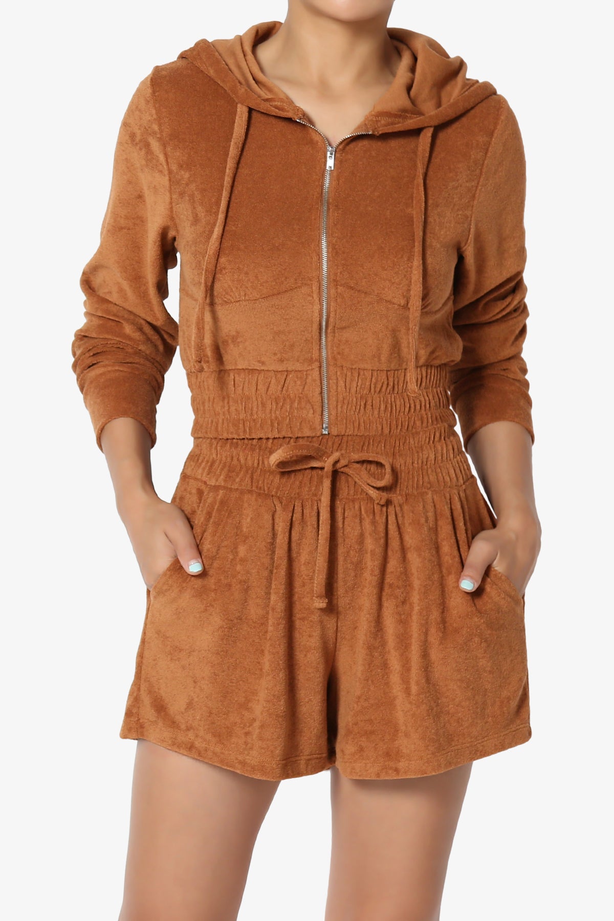 Cotton Terry Zip Up Crop Hoodie & Shorts SET ALMOND_4