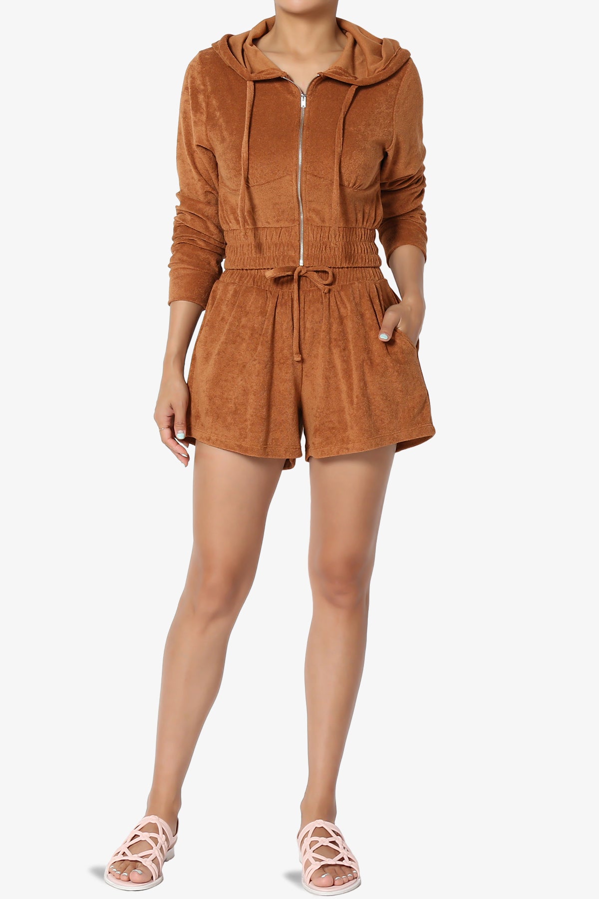 Cotton Terry Zip Up Crop Hoodie & Shorts SET ALMOND_6