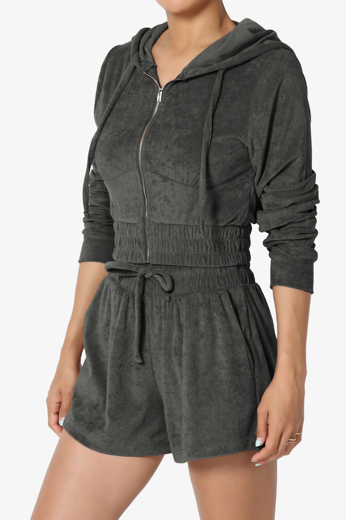 Cotton Terry Zip Up Crop Hoodie & Shorts SET ASH GREY_3