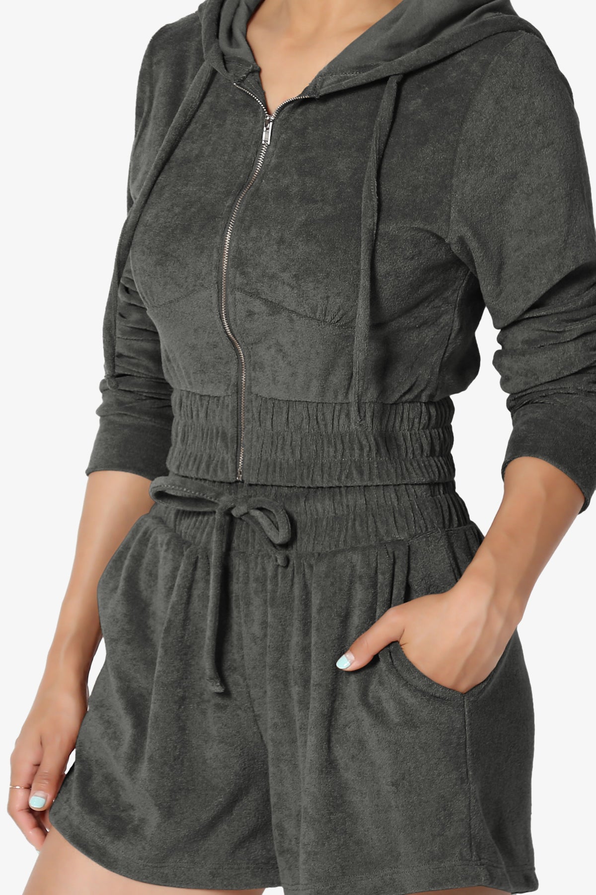 Cotton Terry Zip Up Crop Hoodie & Shorts SET ASH GREY_5