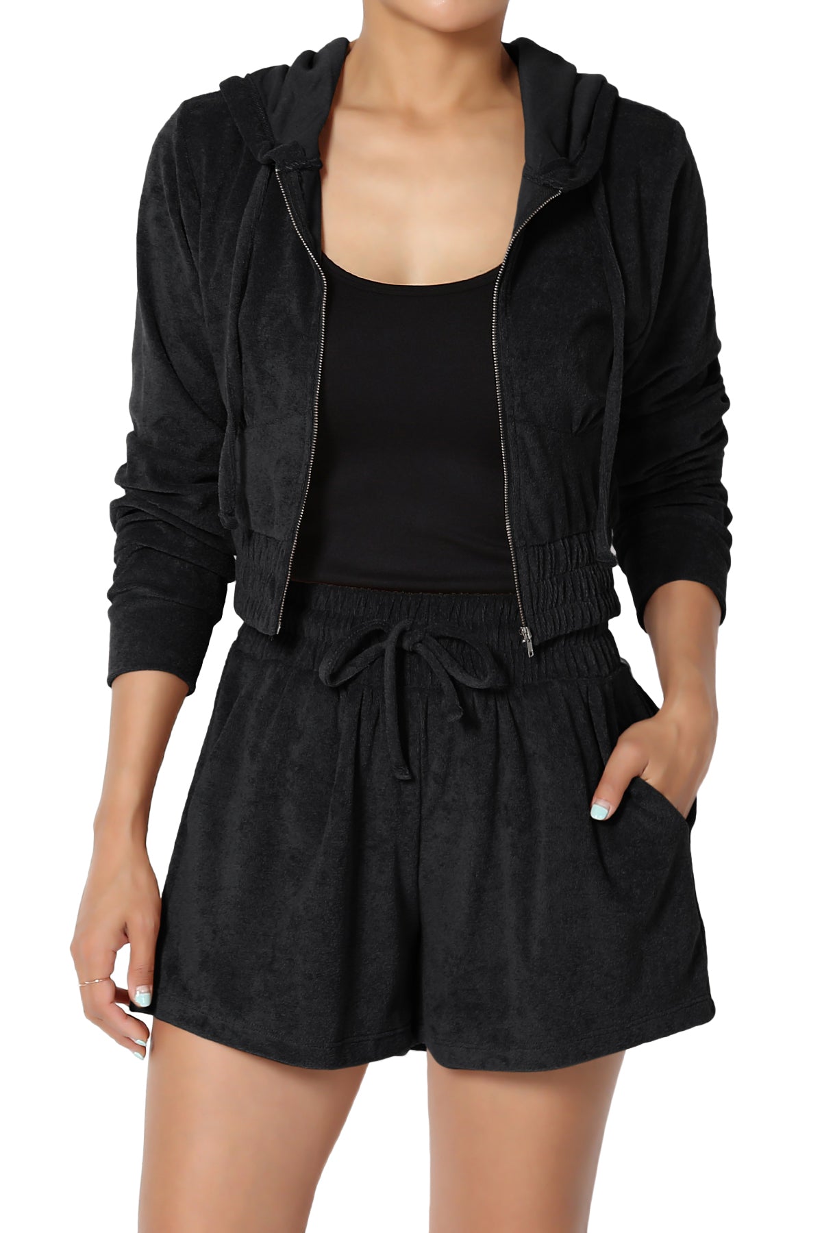 Cotton Terry Zip Up Crop Hoodie & Shorts SET BLACK_1