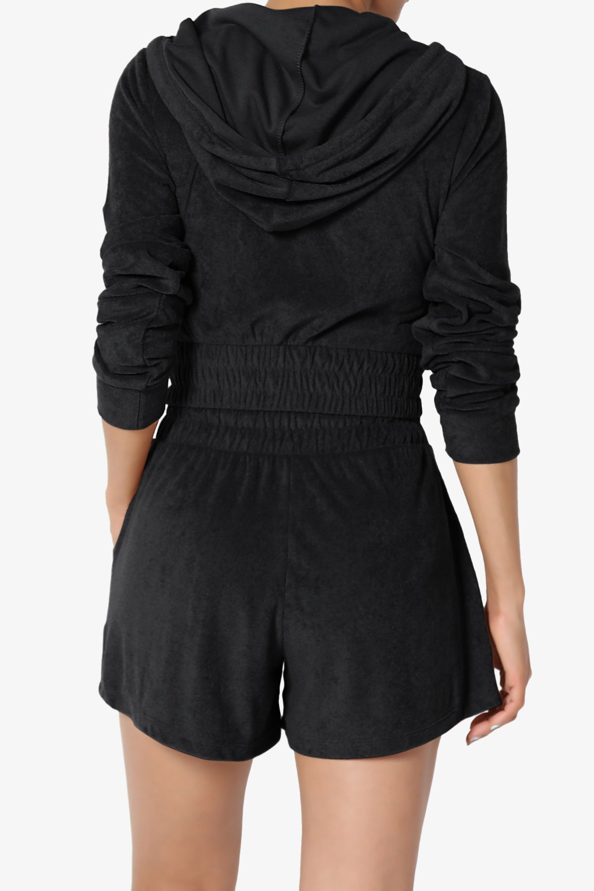 Cotton Terry Zip Up Crop Hoodie & Shorts SET BLACK_2