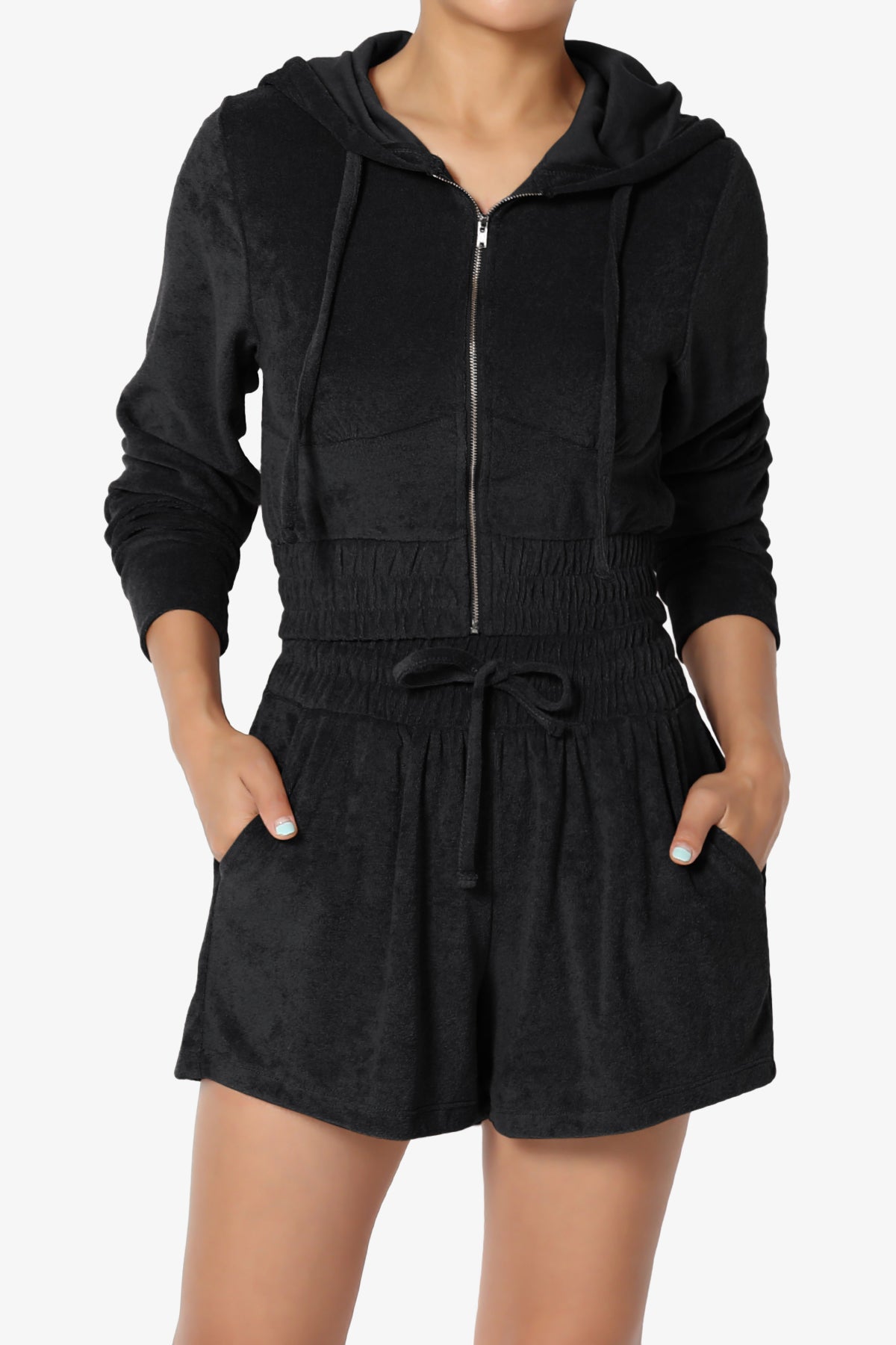 Cotton Terry Zip Up Crop Hoodie & Shorts SET BLACK_4