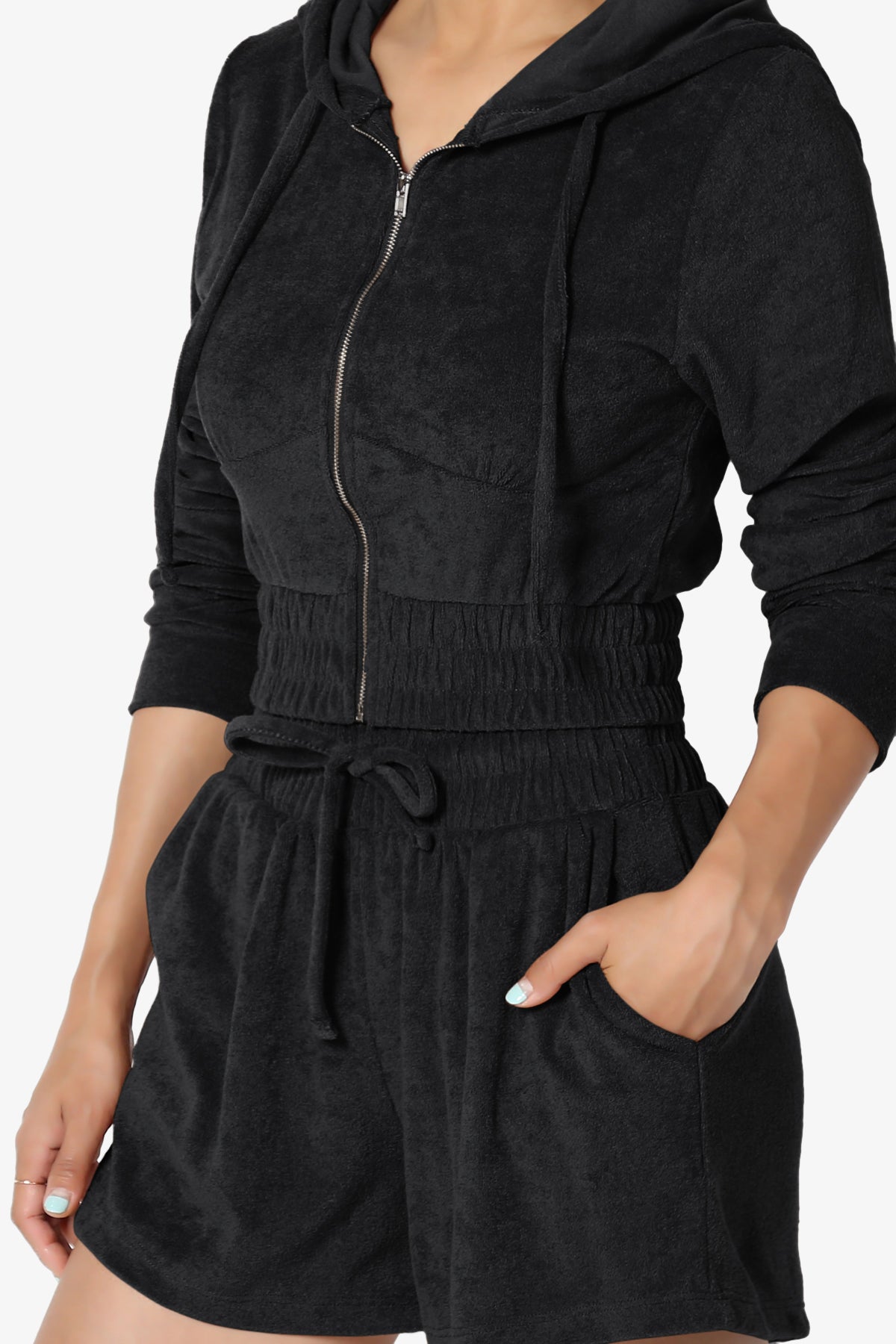 Cotton Terry Zip Up Crop Hoodie & Shorts SET BLACK_5