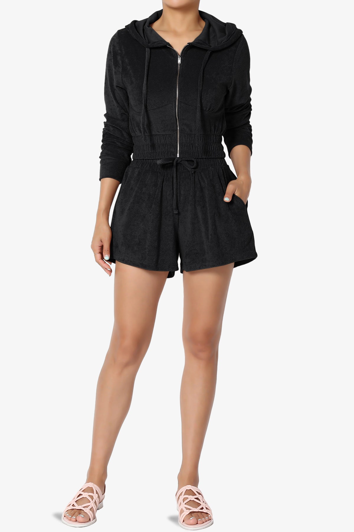Cotton Terry Zip Up Crop Hoodie & Shorts SET BLACK_6
