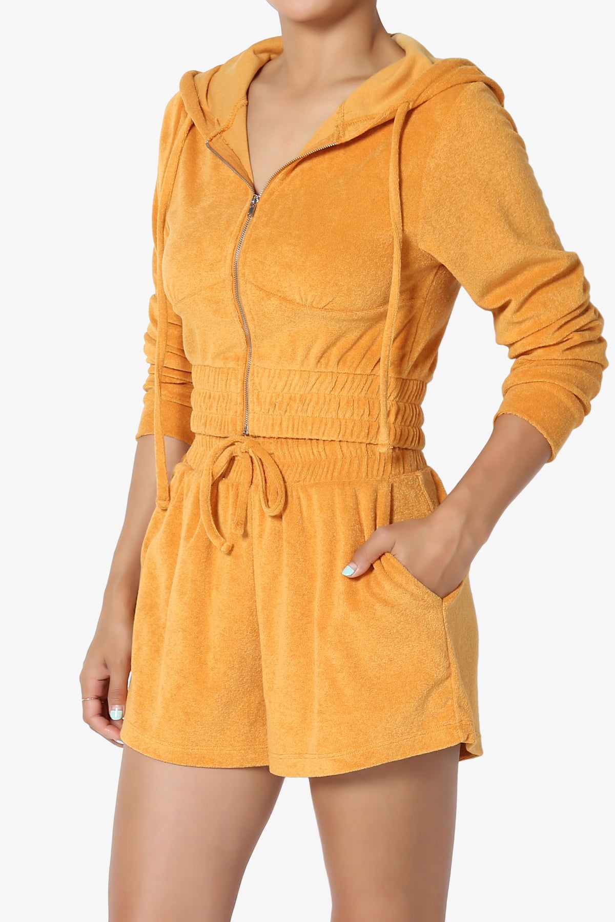 Cotton Terry Zip Up Crop Hoodie & Shorts SET GOLDEN MUSTARD_3