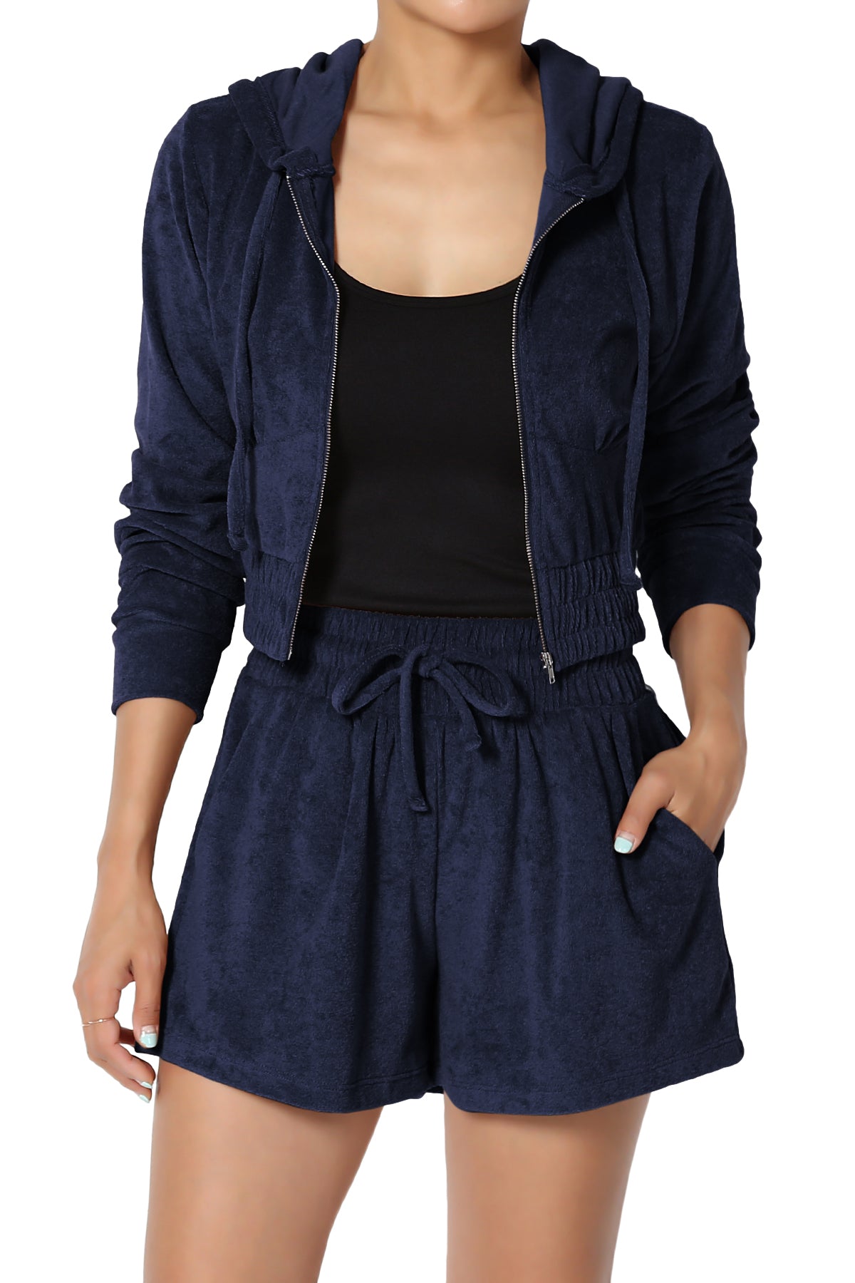 Cotton Terry Zip Up Crop Hoodie & Shorts SET NAVY_1